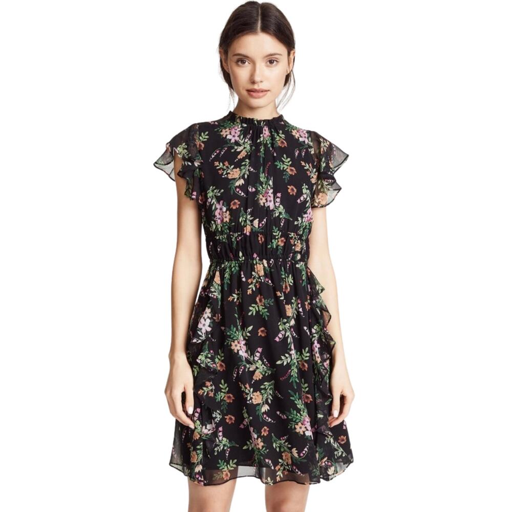 Shoshanna Amora Silk Chiffon Floral Mini Dress Black Ruffle Sleeve Size 4 Party